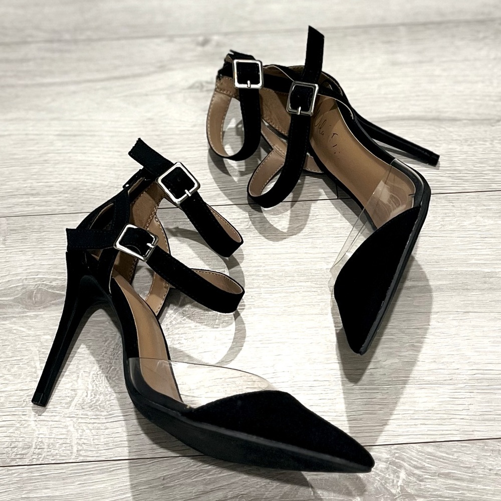 Women’s peep toe stiletto black translucent panel ankle strap buckle size 7.5